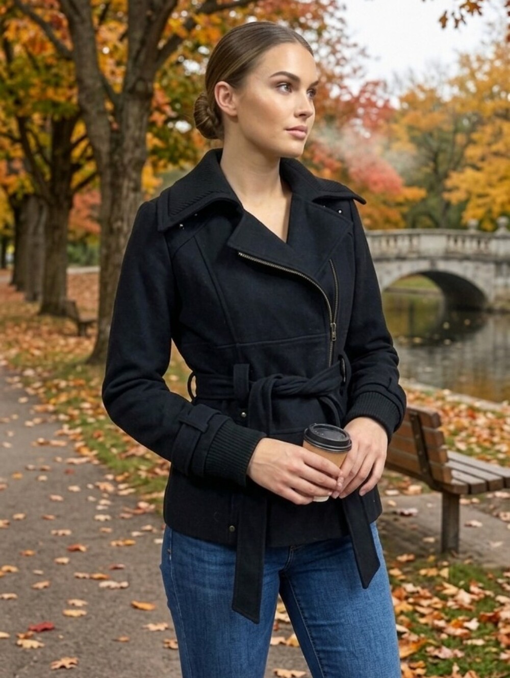 WOOL blend Moto style fall/winter jacket by KENSIE with tie waist black